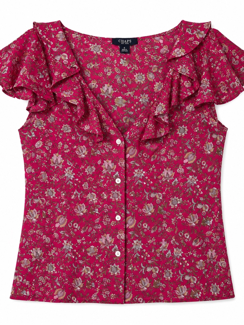 Chaps Pink Floral Ruffle Sleeve Button Front Blouse 8 Coquette Cottagecore Summe